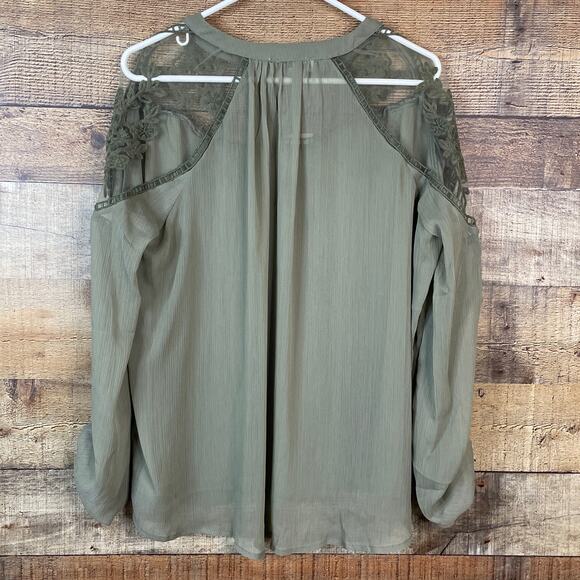 Hayden Sheer Lace Tie Front Peasant Top Olive Green Size Small Medium NWT - Picture 7 of 11
